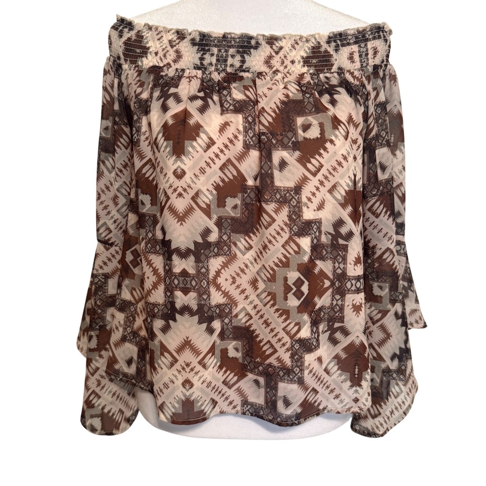 Shyanne Off Shoulder Blouse Womens Medium Brown Aztec Western Boho Bell Sleeve - Picture 2 of 10